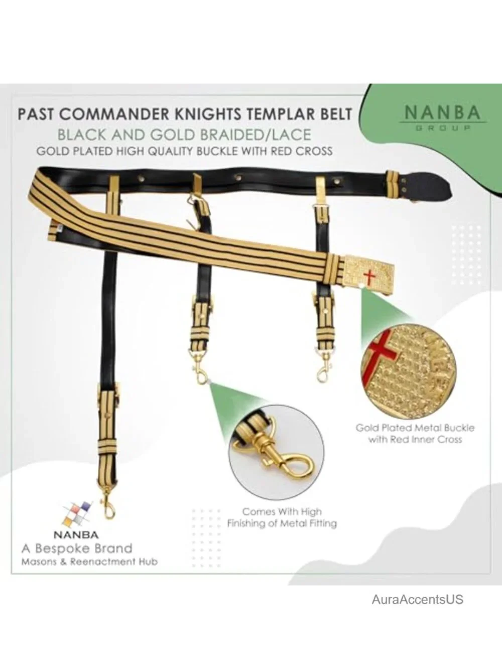 Knights Templar Ceremonial Belt Braided Gold Plated Buckle Red Cross